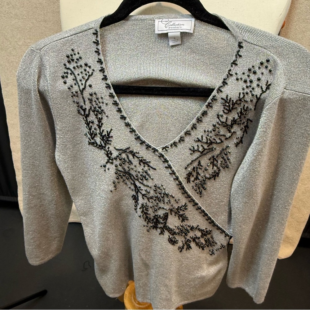 Collection B Silver V-Neck Sweater with Black Embellishments